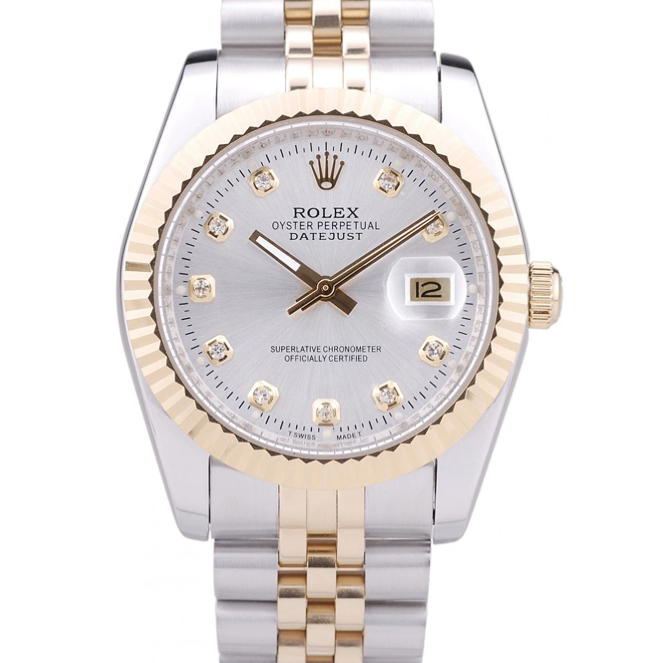 Aaa replica watch Ribbed Datejust Bezel Rolex Dial Silver Diamonds 7454 0727
